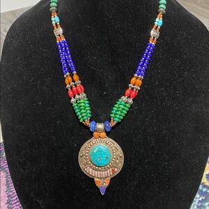 PRETTY Vintage Tibetan blue green amber orange & red silver tone beaded necklace